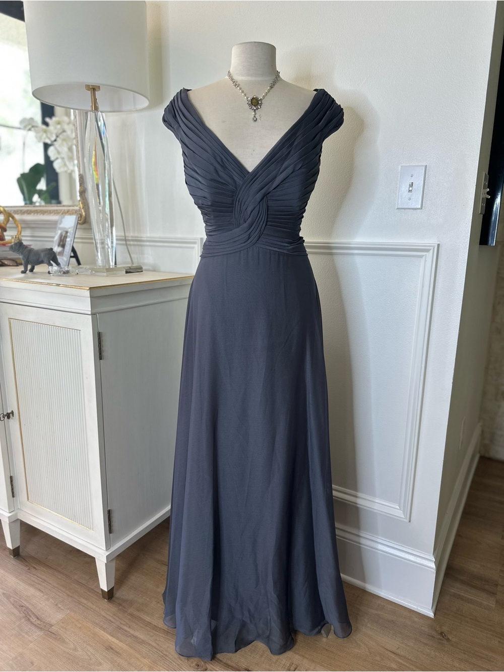 Jade Slate Gray Pleated V-Neck Maxi Dress